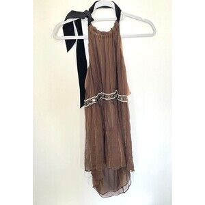 VERA WANG COLLECTION Silk Halter Top beaded detail with velvet ribbon closure